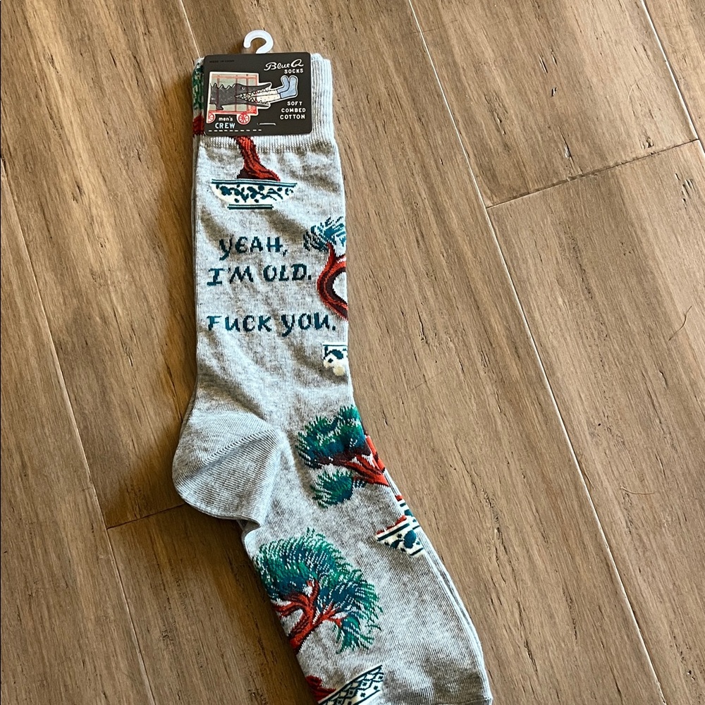 NWT Blue Q Men's Yeah, I’m Old. F*ck You. Socks with Bonsai Tree Design 7-12